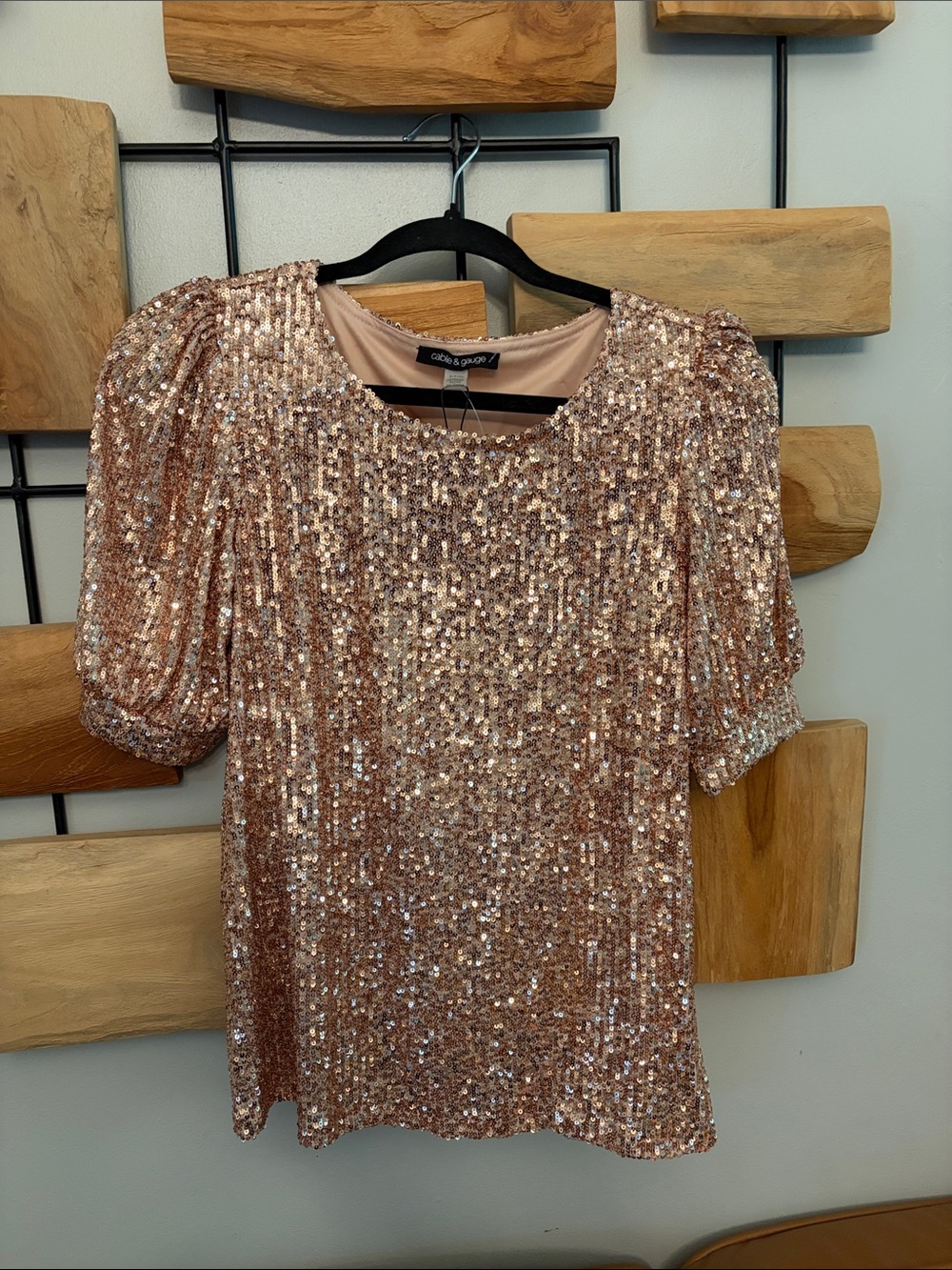 Cable & Gauge Rose Gold Sequin Puff-Sleeve Blouse